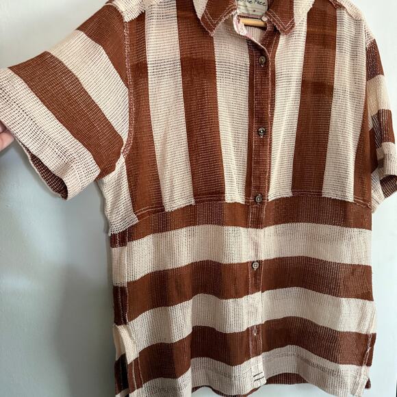 FREE PEOPLE | We The Free Del Mar Open Weave Brown Stripe Cabana Top | Medium - Picture 5 of 9